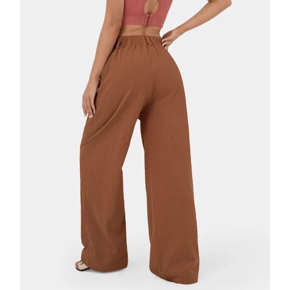 Halara High Waisted Plicated Side Pocket Wide Leg Palazzo Casual Cotton Pants - Picture 2 of 6